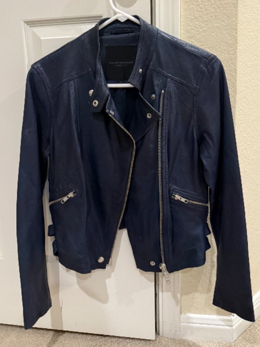 Club Monaco Lamb Leather Jacket Navy Blue Size Medium